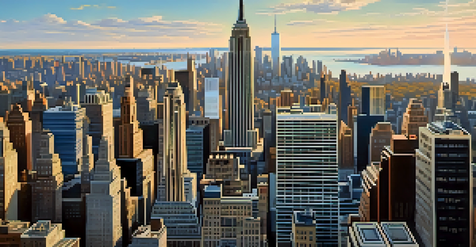 An aerial view of the Empire State Building amidst the Manhattan skyline, with Central Park visible and a clear blue sky.