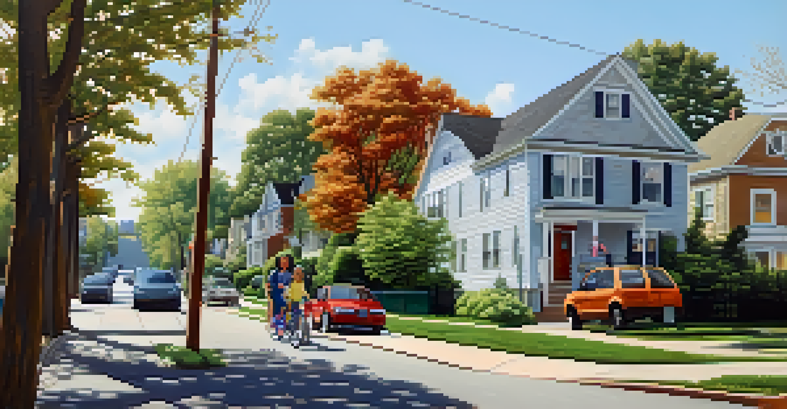 A peaceful suburban scene on Staten Island showing spacious homes, children riding bikes, and trees along a quiet street.