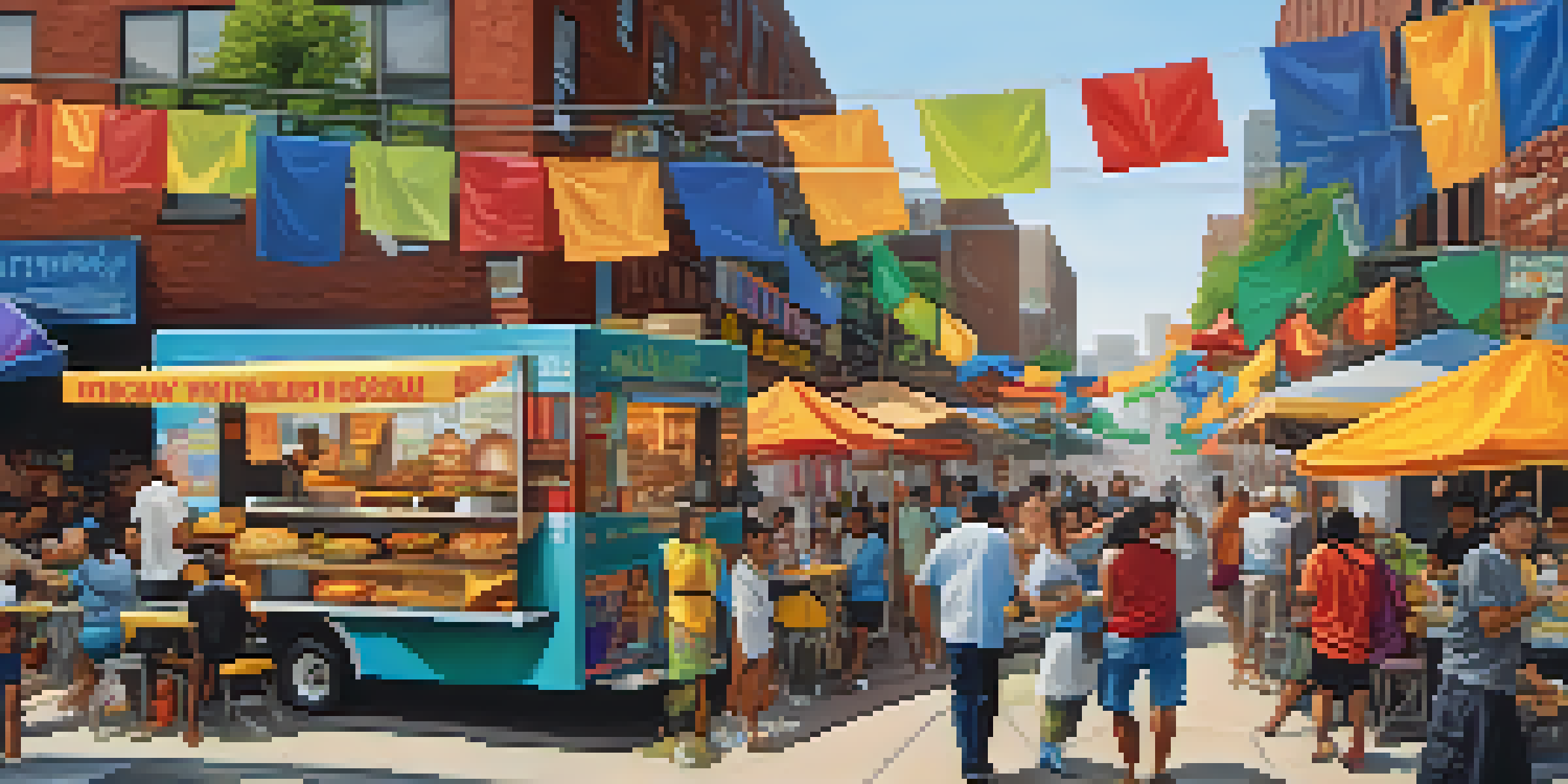 A busy street food truck scene in the Bronx with people enjoying tacos and other Latin American dishes.