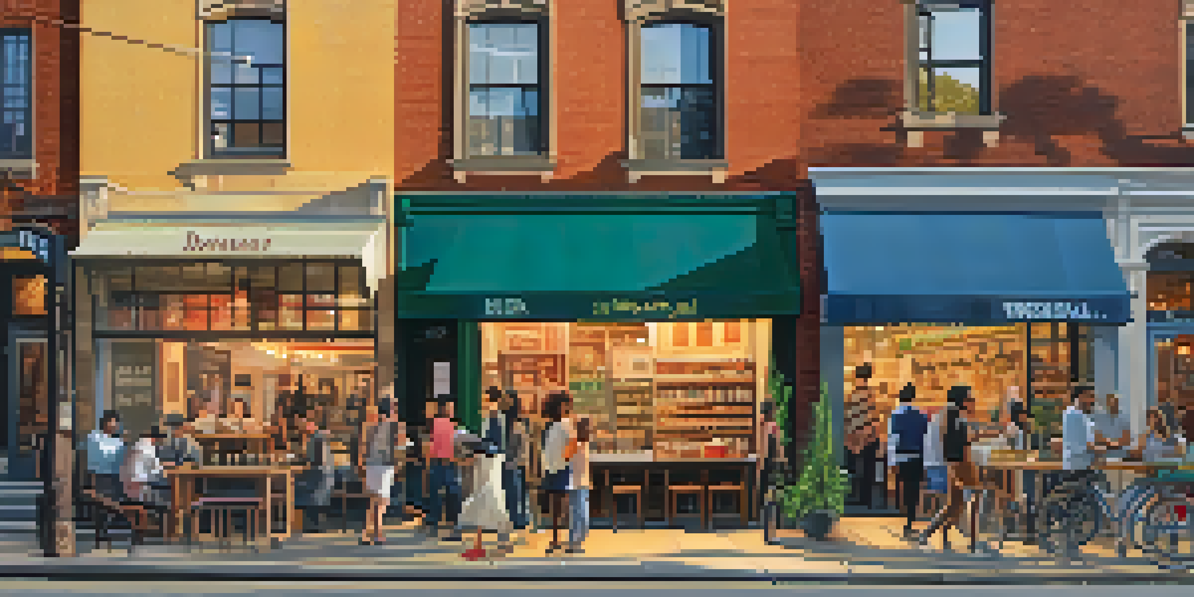 A bustling urban street with a mix of traditional shops and trendy boutiques, showcasing diversity among pedestrians and colorful murals on brick walls.