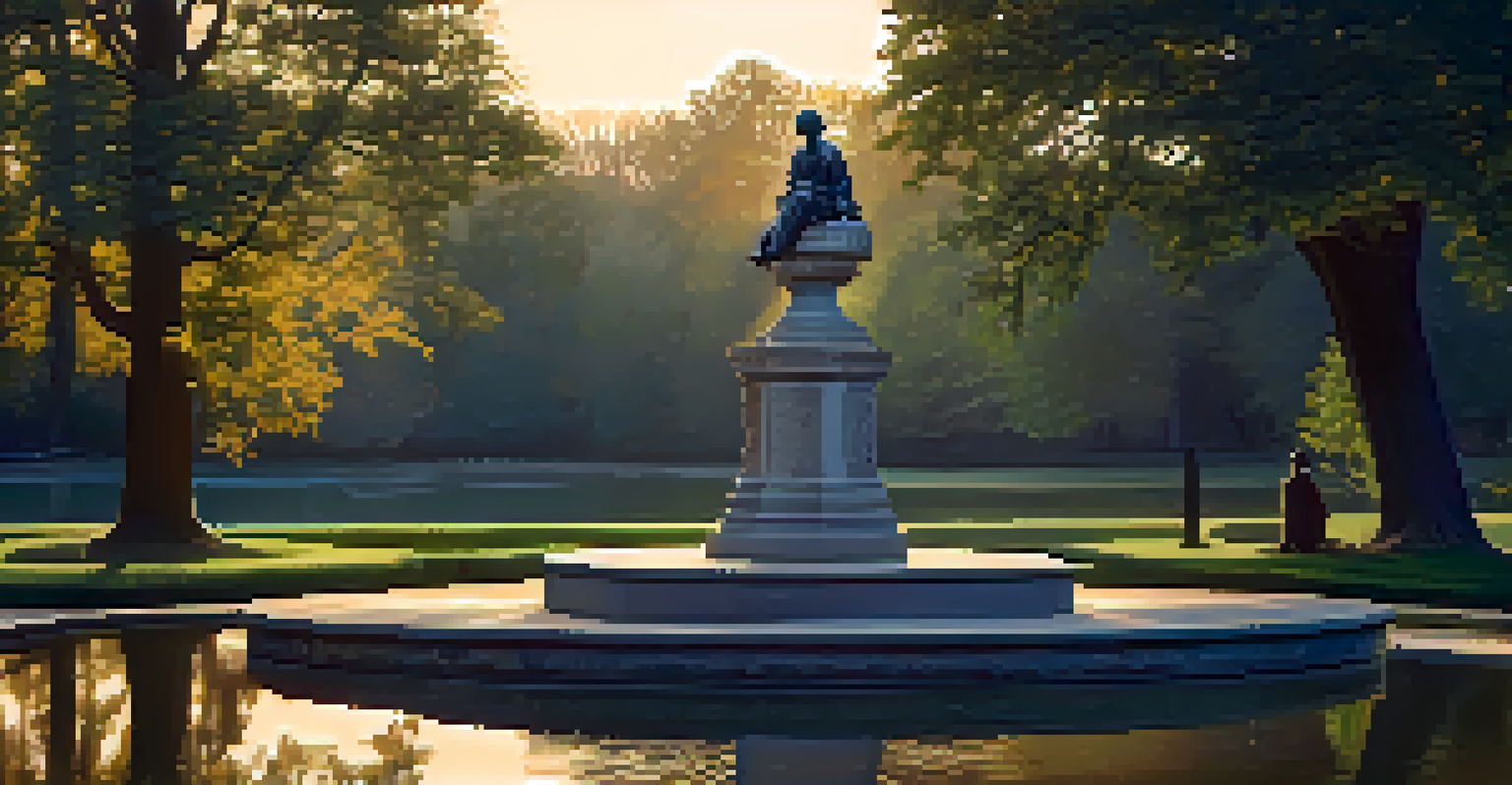 A detailed sculpture of a historical figure on a stone pedestal in a park, surrounded by trees and a pond during golden hour.