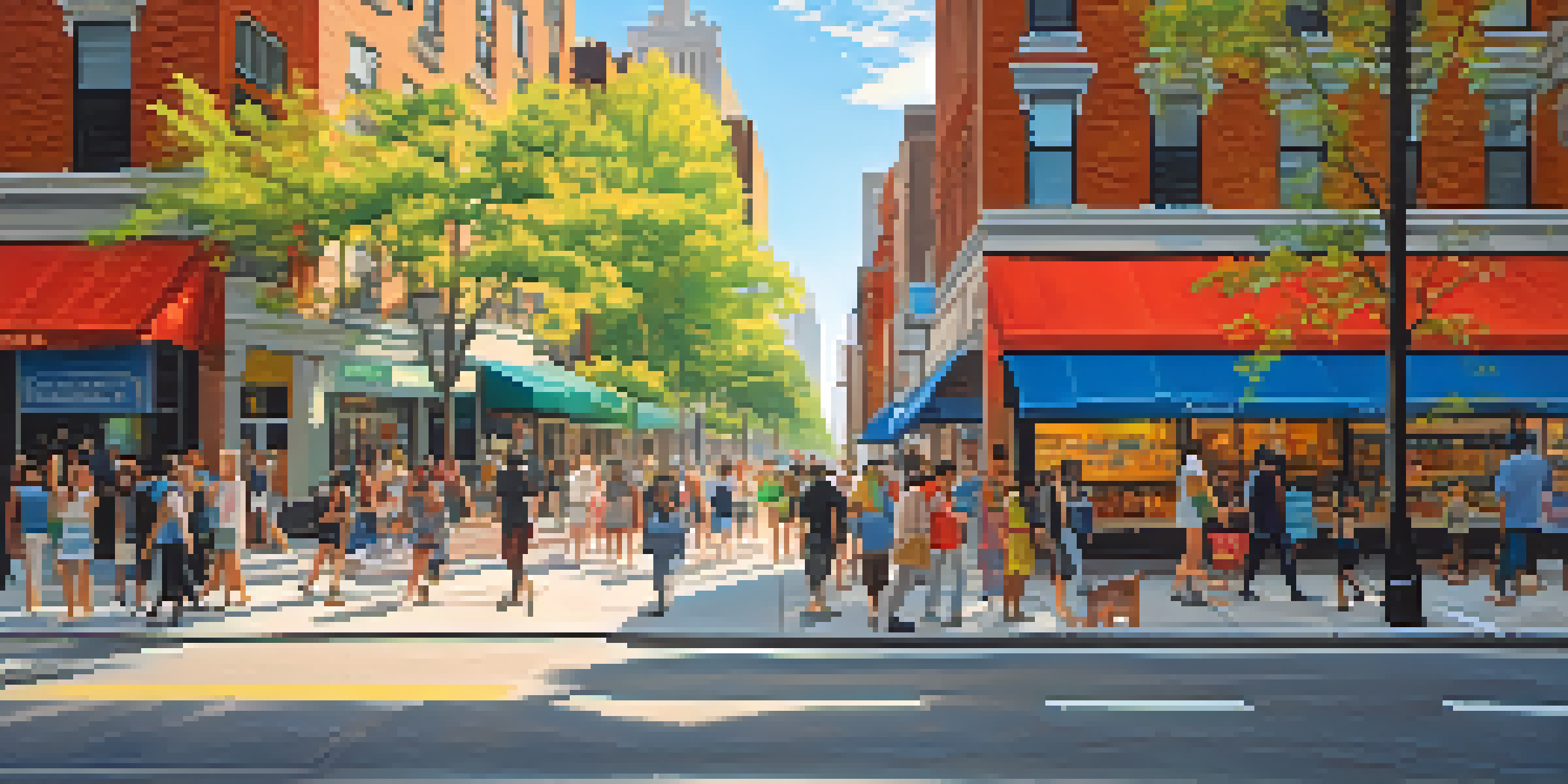 A busy NYC street with people in masks practicing social distancing, vibrant storefronts, and trees under a clear blue sky.