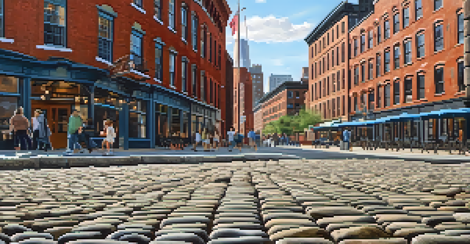 Close-up of cobblestone streets at South Street Seaport, highlighting the texture and historic atmosphere of the area.