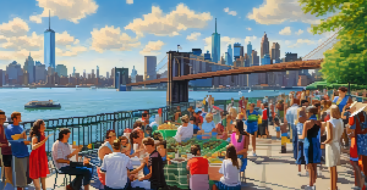 A lively community event on the Brooklyn Heights Promenade, featuring artists, musicians, and families enjoying a picnic, with colorful decorations and the Manhattan skyline in the background.