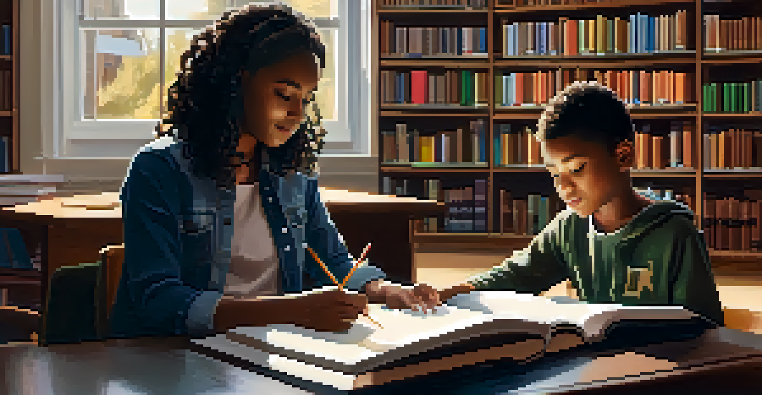 A mentorship session in a library where an older student helps a younger one with homework, surrounded by books.