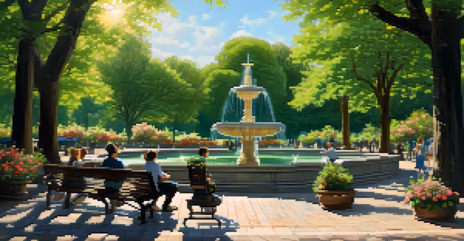 Bethesda Terrace in Central Park, featuring a fountain surrounded by greenery and visitors enjoying the park.