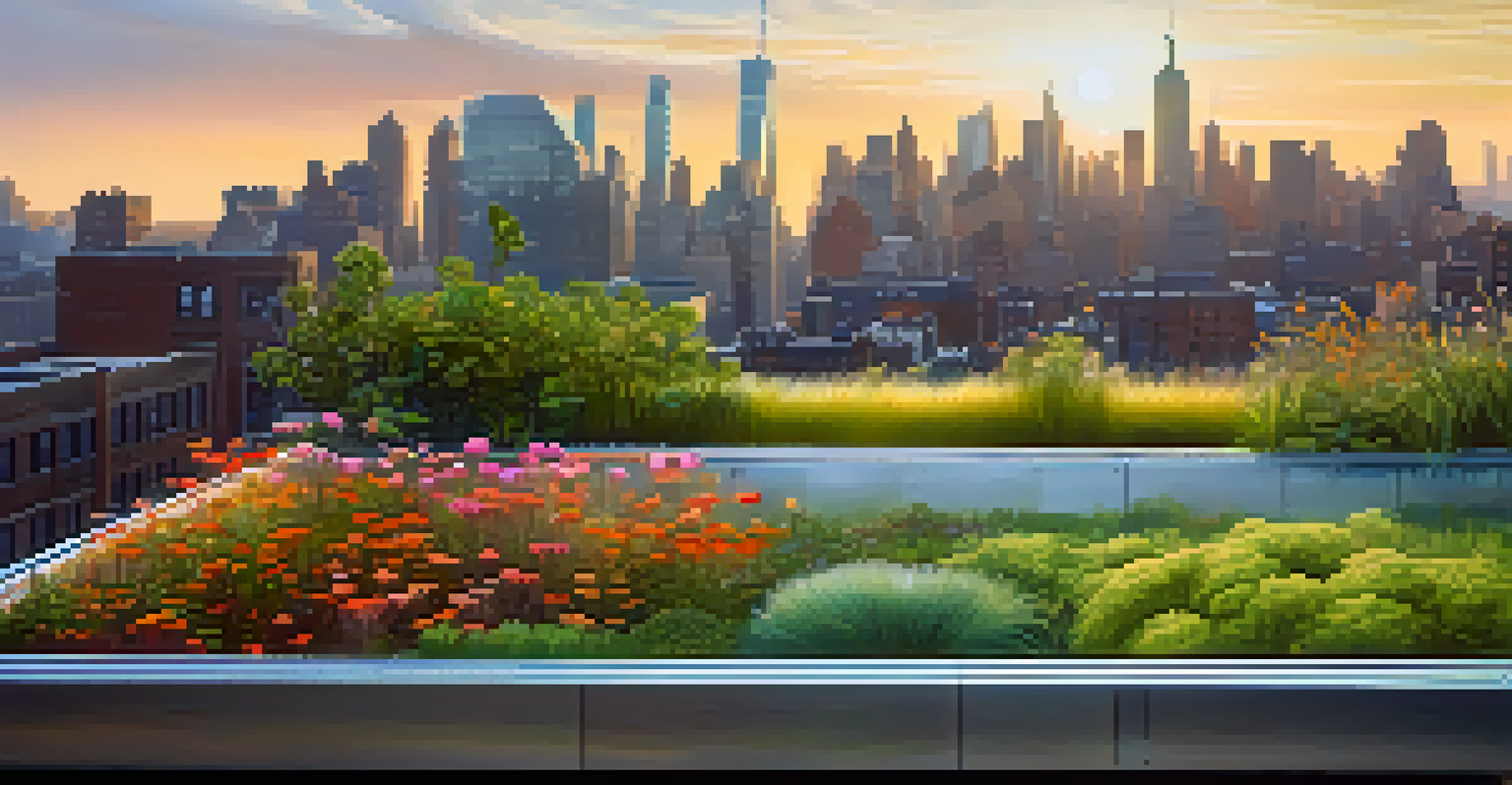 Close-up of a green roof with various native plants and flowers on a modern NYC building.