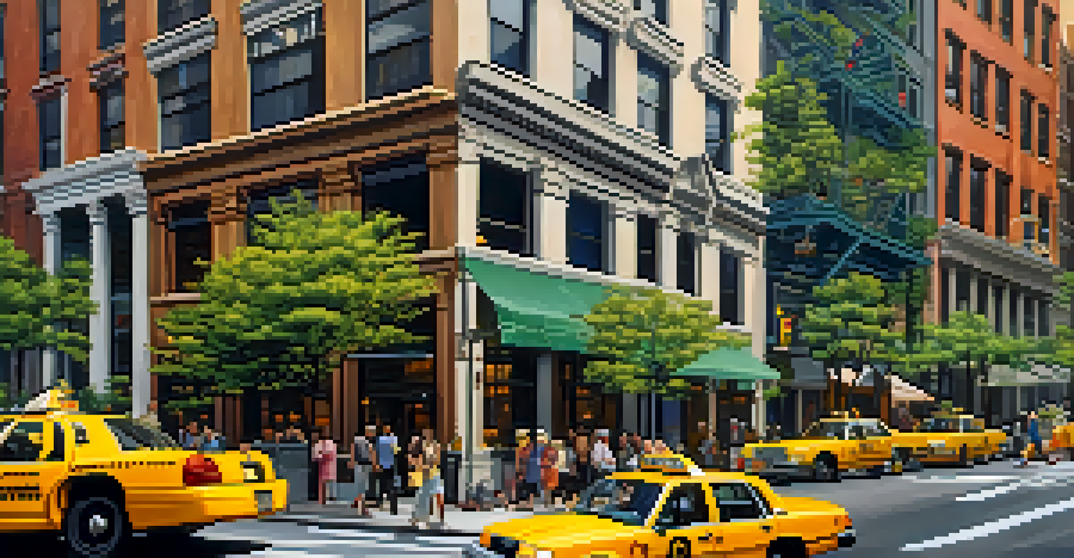 An aerial view of a busy New York City neighborhood with yellow taxis, pedestrians, and outdoor cafes, showcasing a blend of modern and historical architecture.