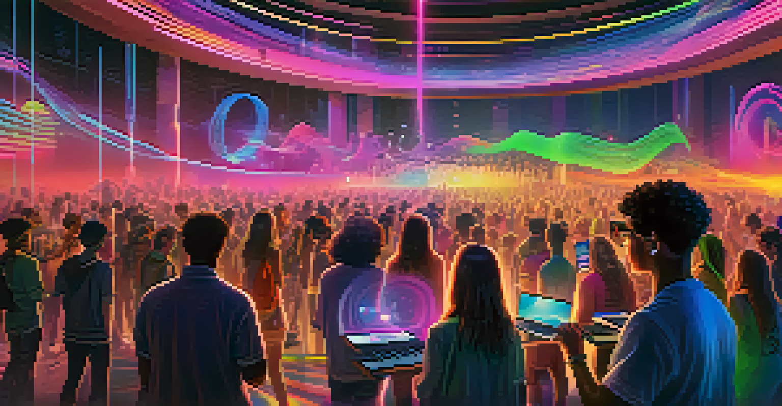 A digital illustration of a virtual music event with young people and colorful sound wave visualizations in a futuristic urban setting.