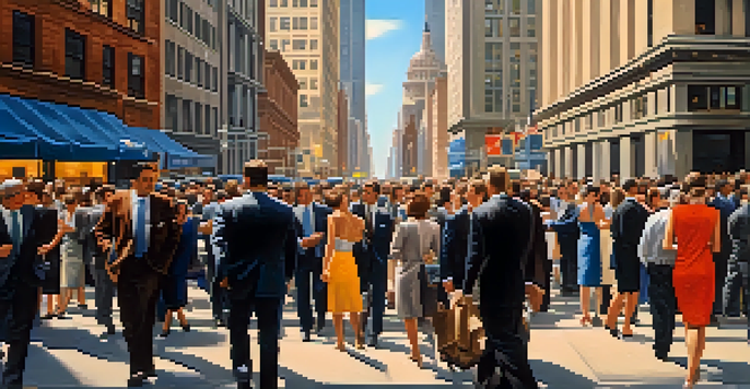 A busy New York City street with the New York Stock Exchange in view, filled with people in business attire under a clear blue sky.