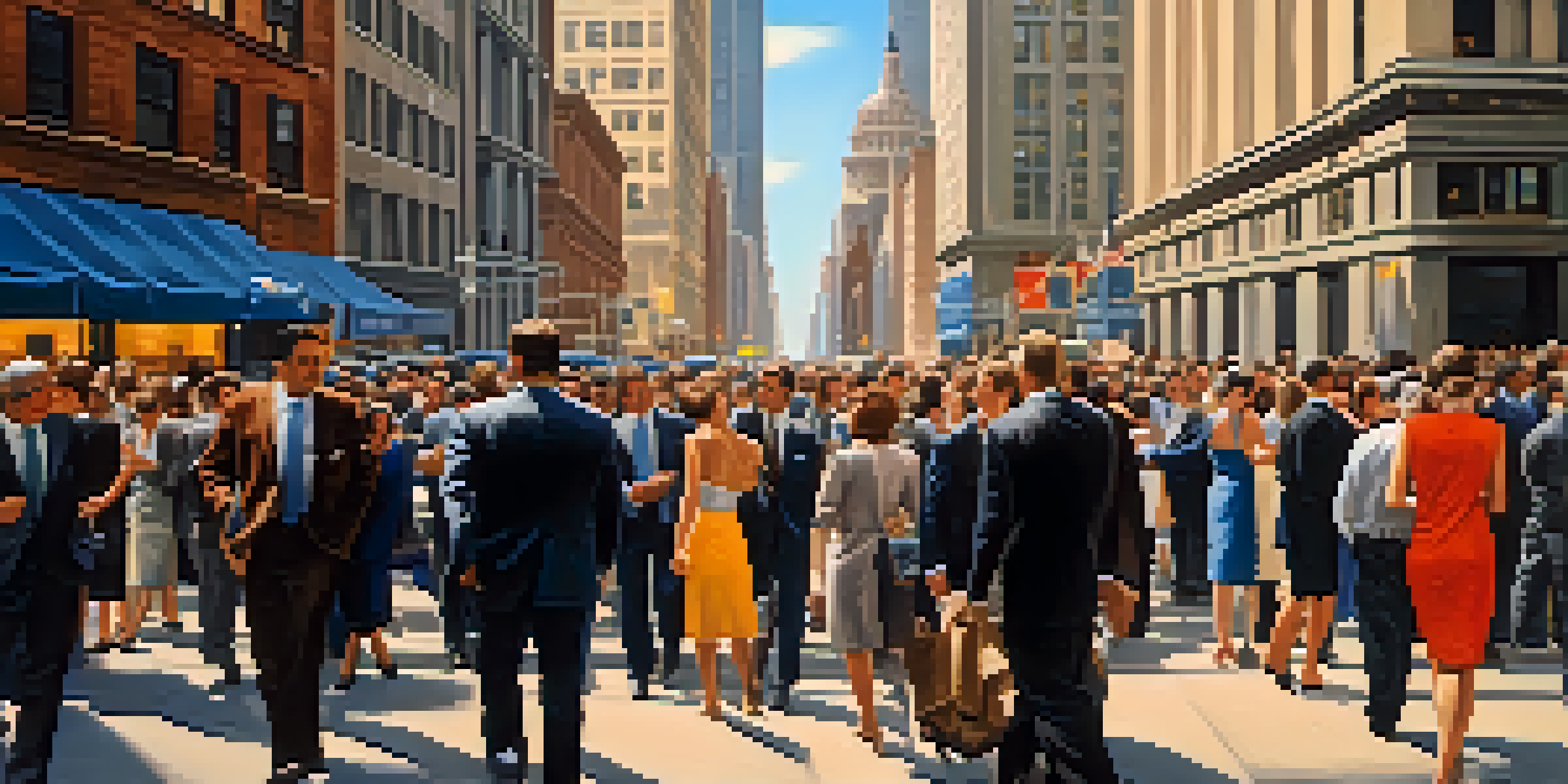 A busy New York City street with the New York Stock Exchange in view, filled with people in business attire under a clear blue sky.