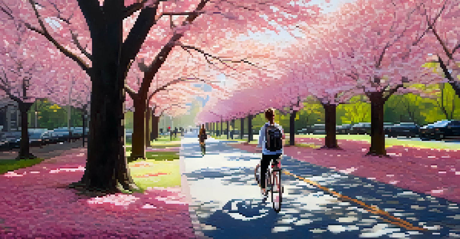 A student riding a bike through a park in NYC, surrounded by blooming trees and sunlight filtering through the leaves.