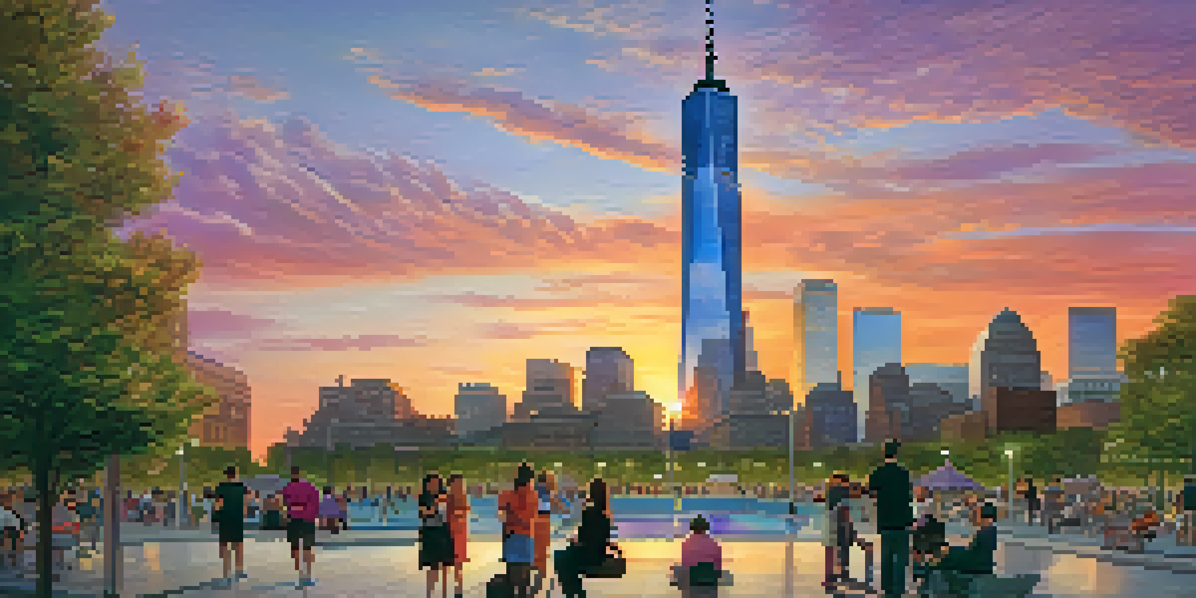 One World Trade Center at sunset with a vibrant sky, reflecting colors on its glass facade, and people in the foreground enjoying the park.