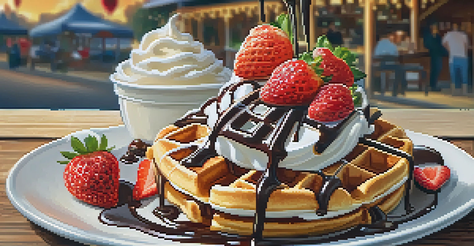 A delicious Belgian waffle topped with chocolate sauce, strawberries, and whipped cream on a wooden table with a food truck in the background.