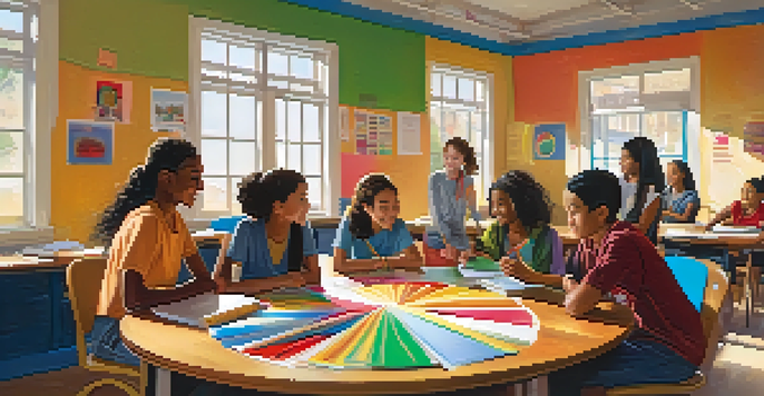 A lively classroom with diverse students working together, surrounded by colorful educational materials and sunlight.