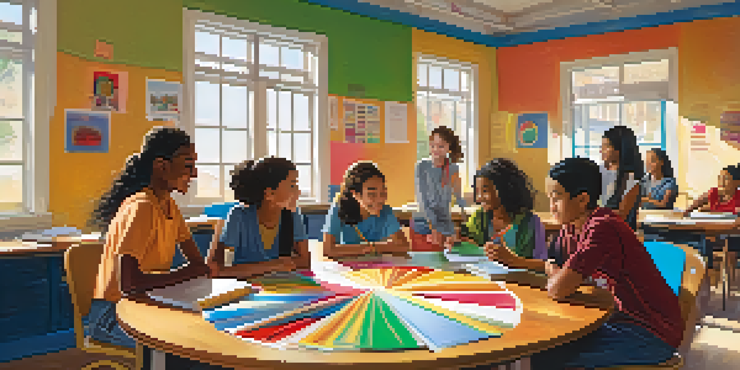 A lively classroom with diverse students working together, surrounded by colorful educational materials and sunlight.