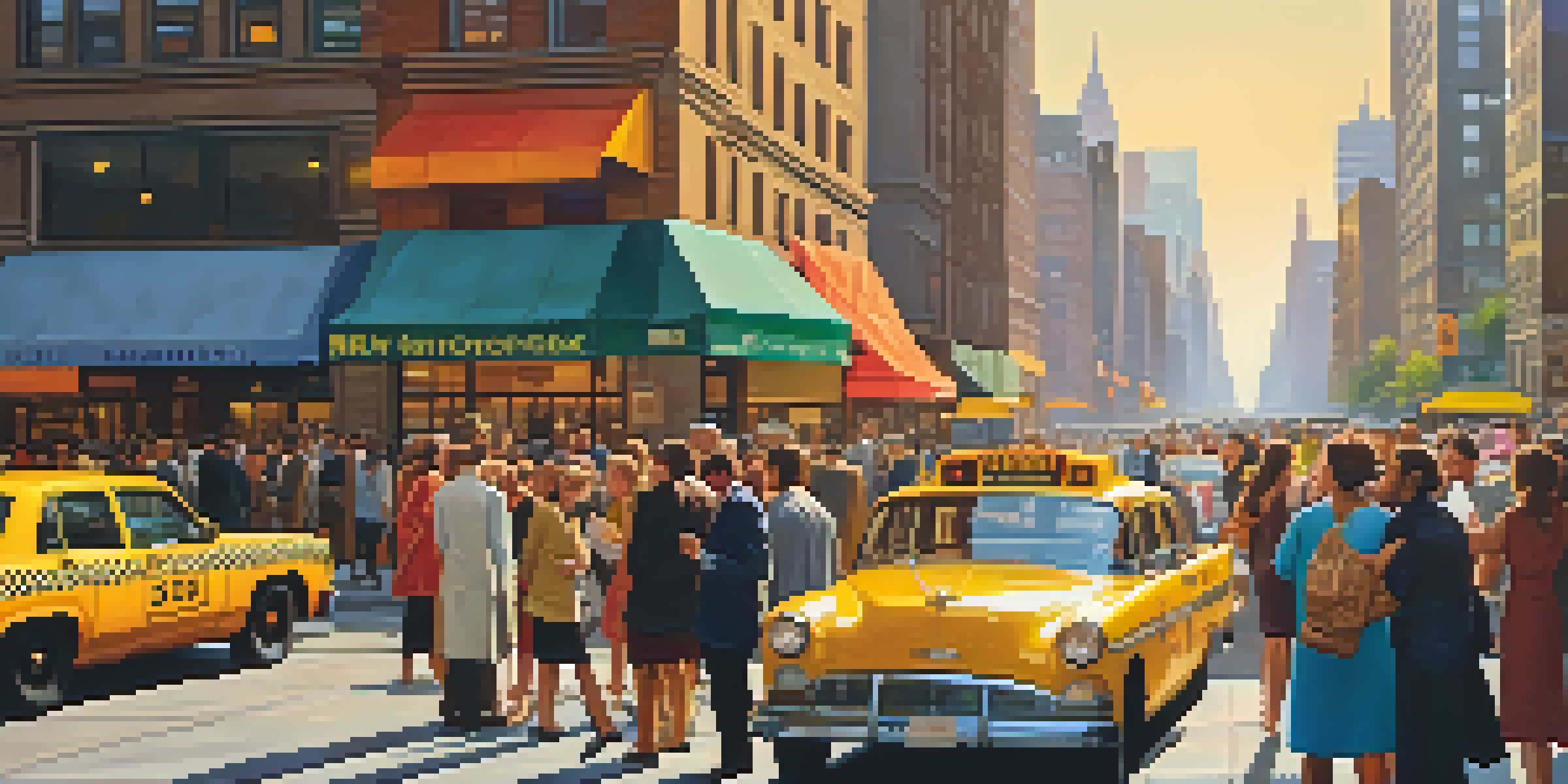 A busy New York City street filled with people looking at real estate listings during sunset, with skyscrapers and taxis in the background.