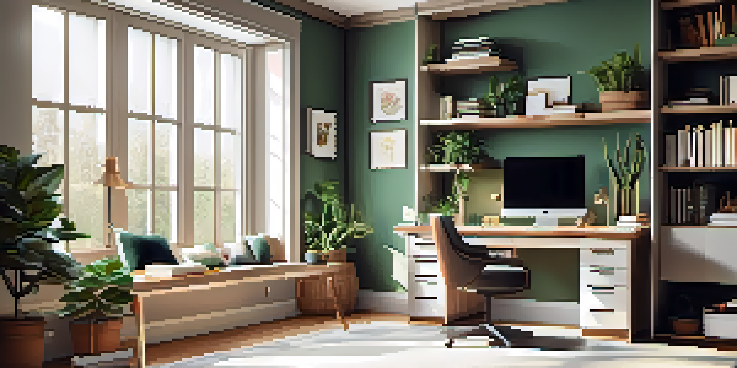 A bright and inviting home office with a view of a garden, featuring a desk, laptop, and plants.