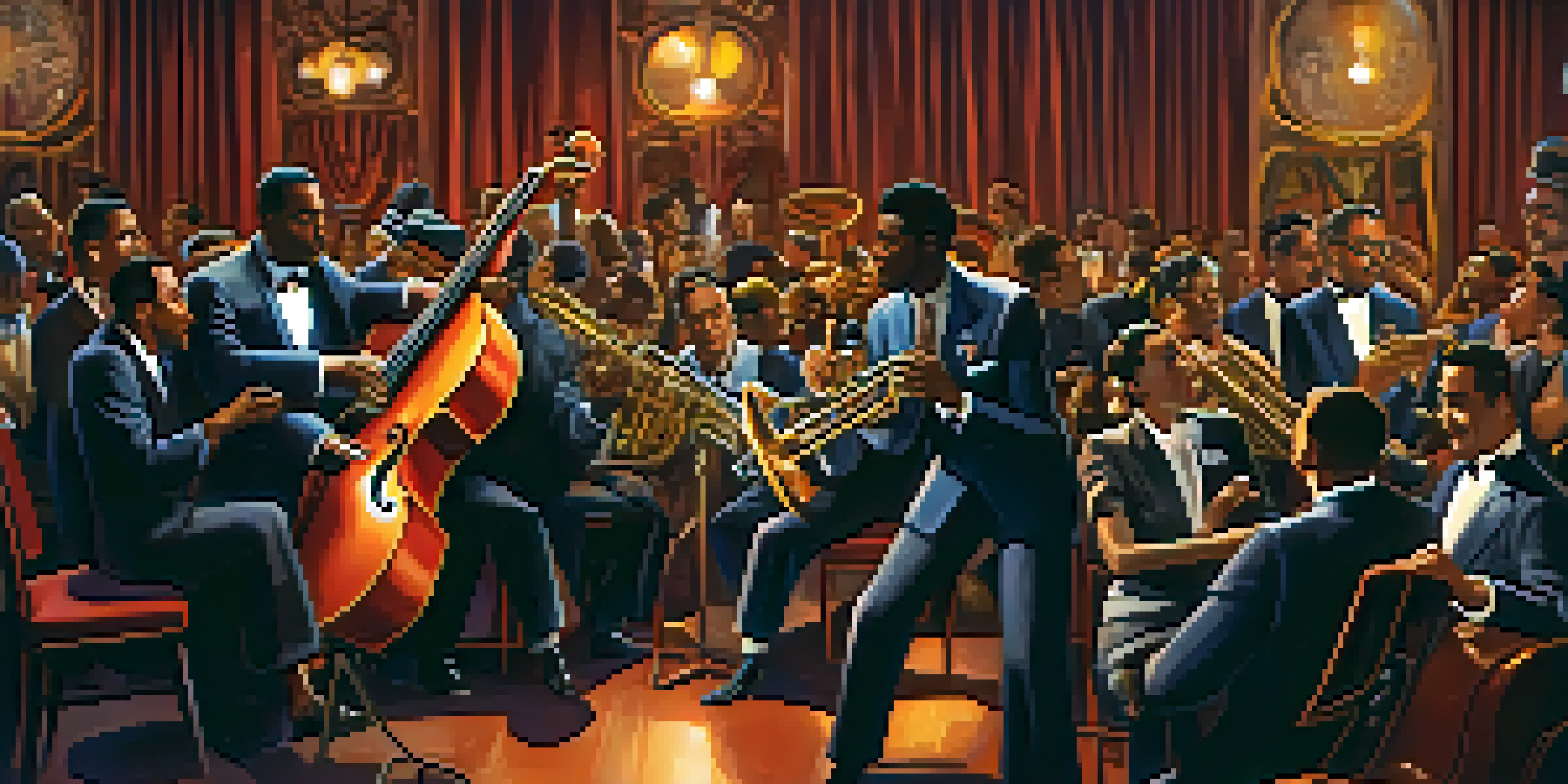 A colorful 1940s New York City jazz club scene with musicians performing bebop, a saxophonist, and a smiling trumpeter, surrounded by an engaged audience.