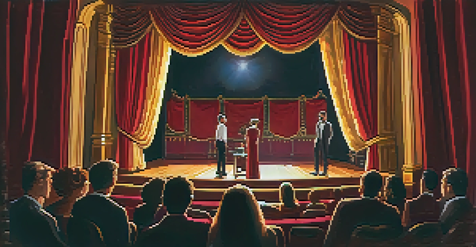 An intimate Off-Broadway theater stage with two performers under a spotlight, rich velvet curtains, and an engaged audience in warm lighting.
