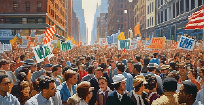 A lively protest scene in 1960s New York City, showcasing diverse activists with banners under warm sunlight.