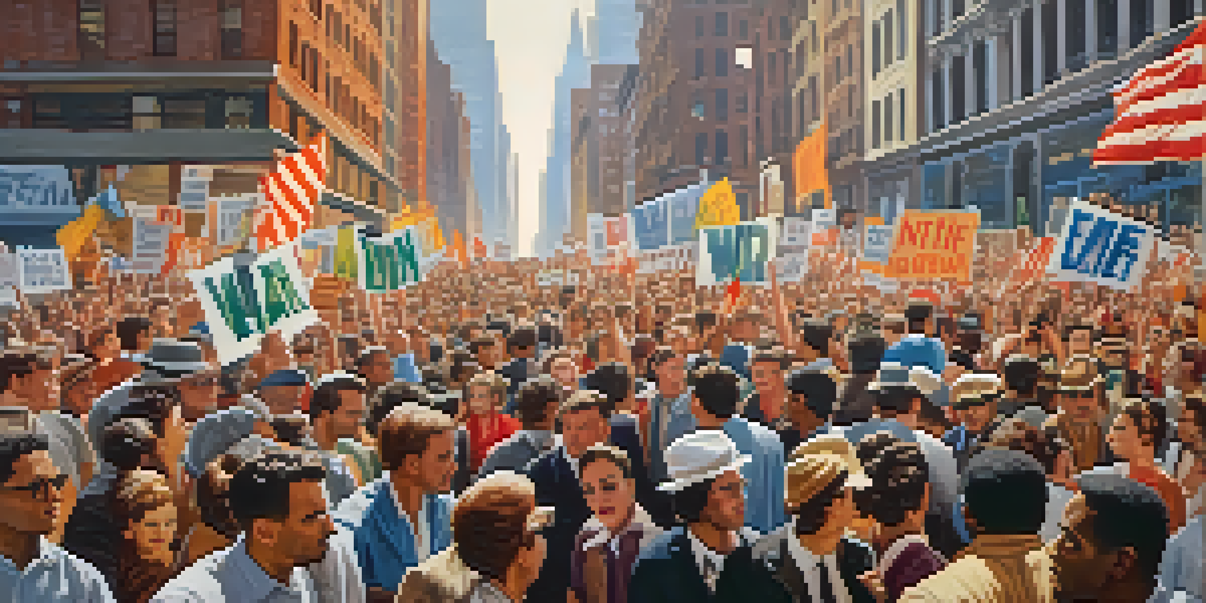 A lively protest scene in 1960s New York City, showcasing diverse activists with banners under warm sunlight.