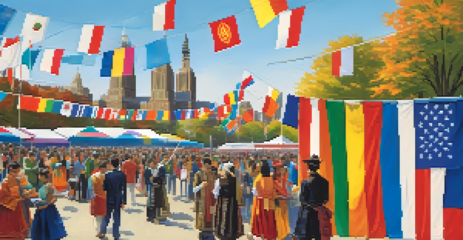 An international cultural festival on a New York City university campus, featuring diverse students in traditional clothing, food, and colorful flags.