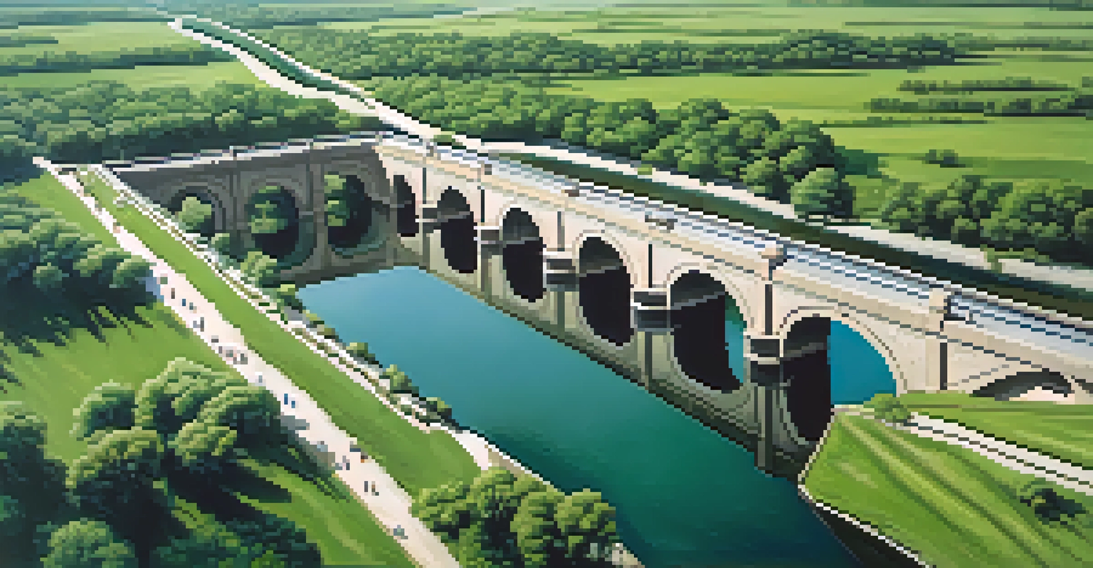 Aerial view of an aqueduct system with flowing water and green landscapes.