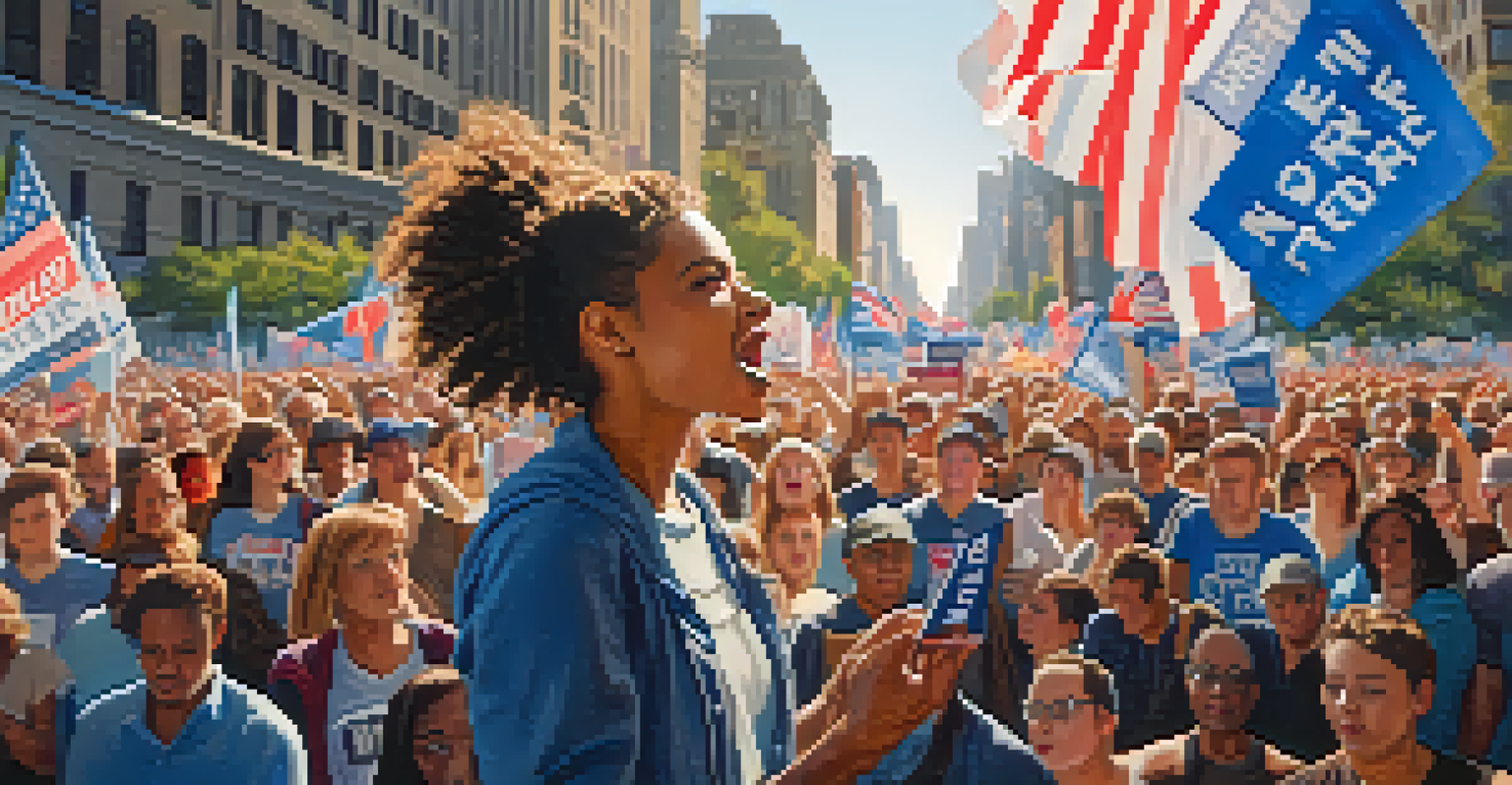 A young woman speaking at a rally in New York City, with a crowd of supporters holding banners in the background, under dramatic lighting.