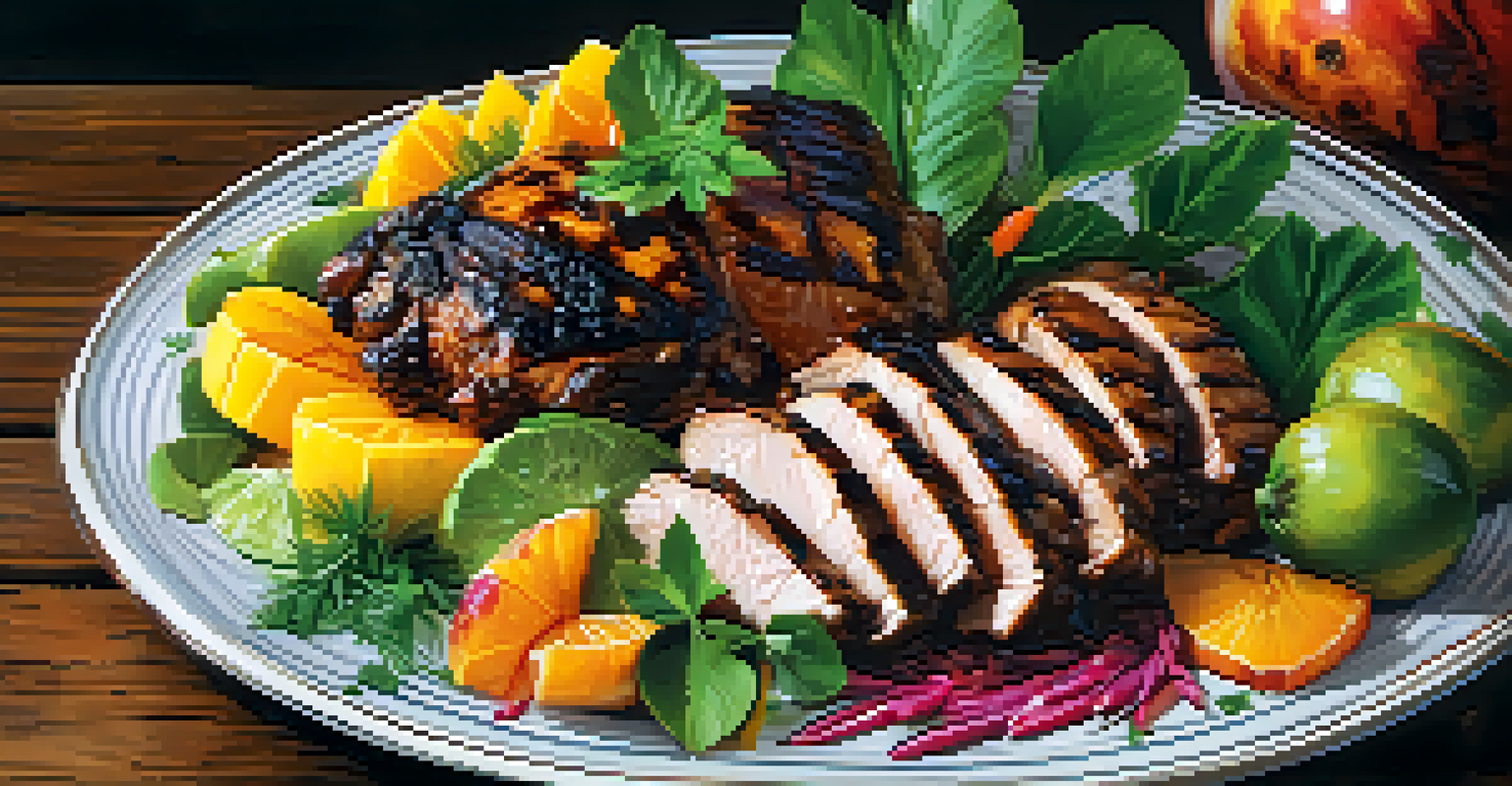 A close-up of a plate with Caribbean jerk chicken surrounded by tropical fruits and herbs on a rustic wooden table.