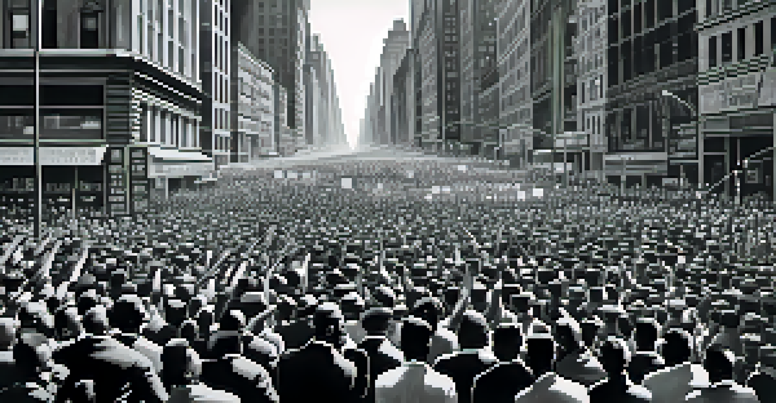A historic black and white image of a large civil rights march in NYC, with thousands of determined participants holding signs.