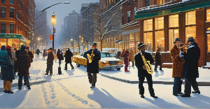 A jazz musician playing saxophone on a snowy NYC street corner, with pedestrians in winter clothing and iconic buildings in the background.