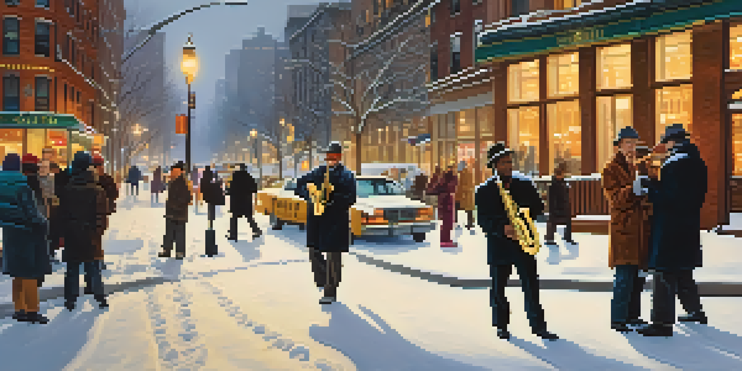 A jazz musician playing saxophone on a snowy NYC street corner, with pedestrians in winter clothing and iconic buildings in the background.