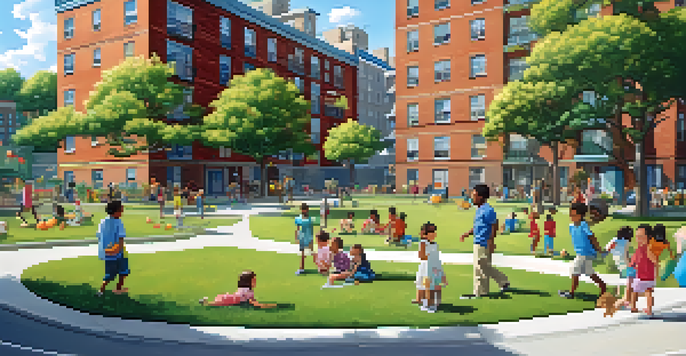 A lively public housing community with families and children playing in a park, surrounded by colorful apartment buildings and greenery.