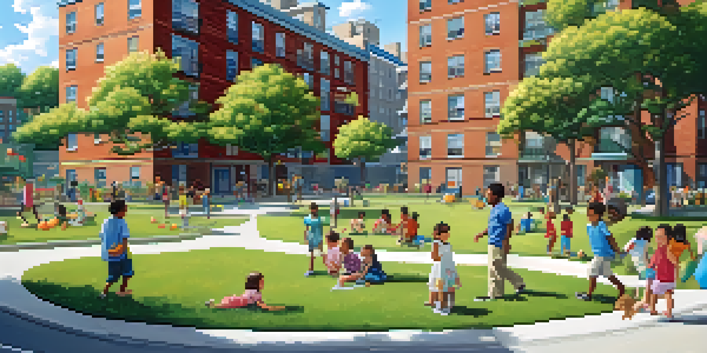 A lively public housing community with families and children playing in a park, surrounded by colorful apartment buildings and greenery.