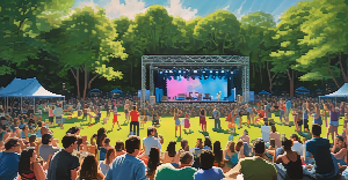 A lively outdoor concert scene in Central Park, with a diverse crowd enjoying music and dancing under a blue sky.