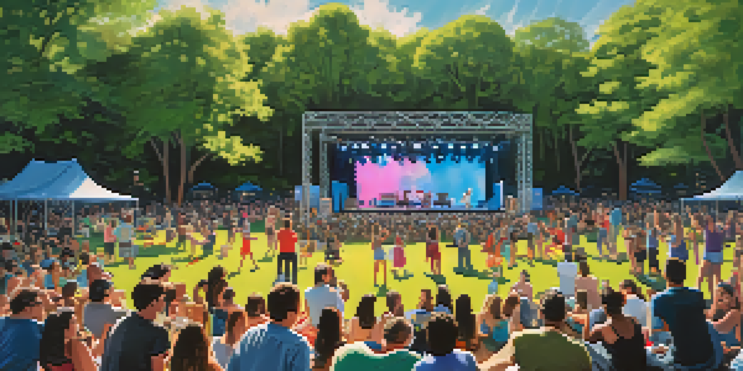 A lively outdoor concert scene in Central Park, with a diverse crowd enjoying music and dancing under a blue sky.