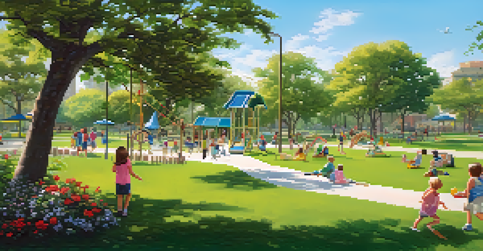 A beautiful community park with a playground, families enjoying the outdoors, and bright blue skies.