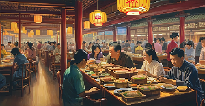 A lively Chinatown dim sum restaurant with colorful dishes and diners enjoying their meals.