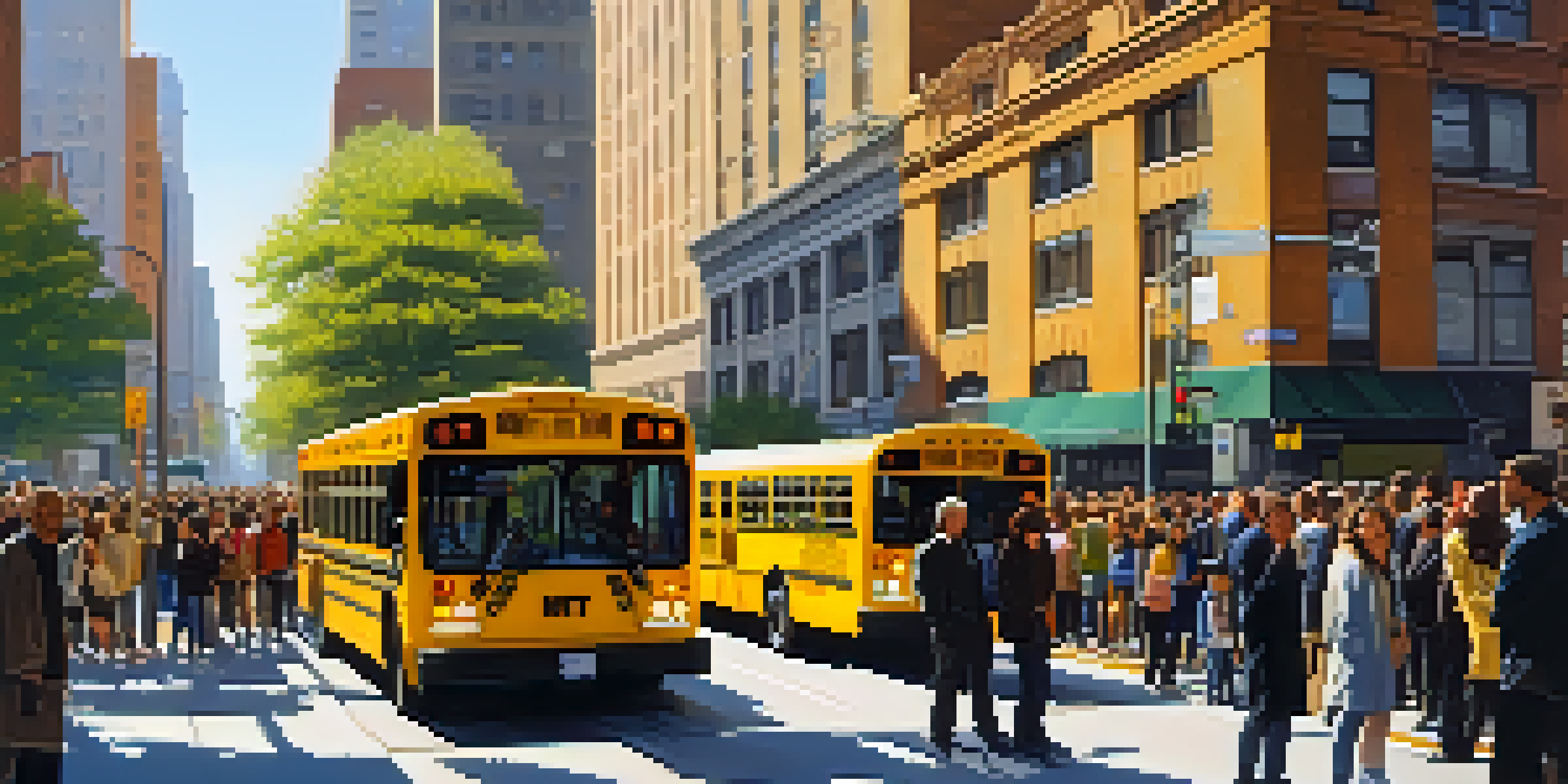 A busy New York City street with a diverse group of people waiting at a bus stop, featuring a yellow city bus and tall buildings in the background.