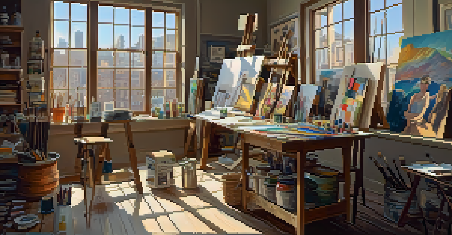 An artist's studio filled with art supplies, illuminated by natural light, showcasing canvases and a half-finished painting of a cityscape.
