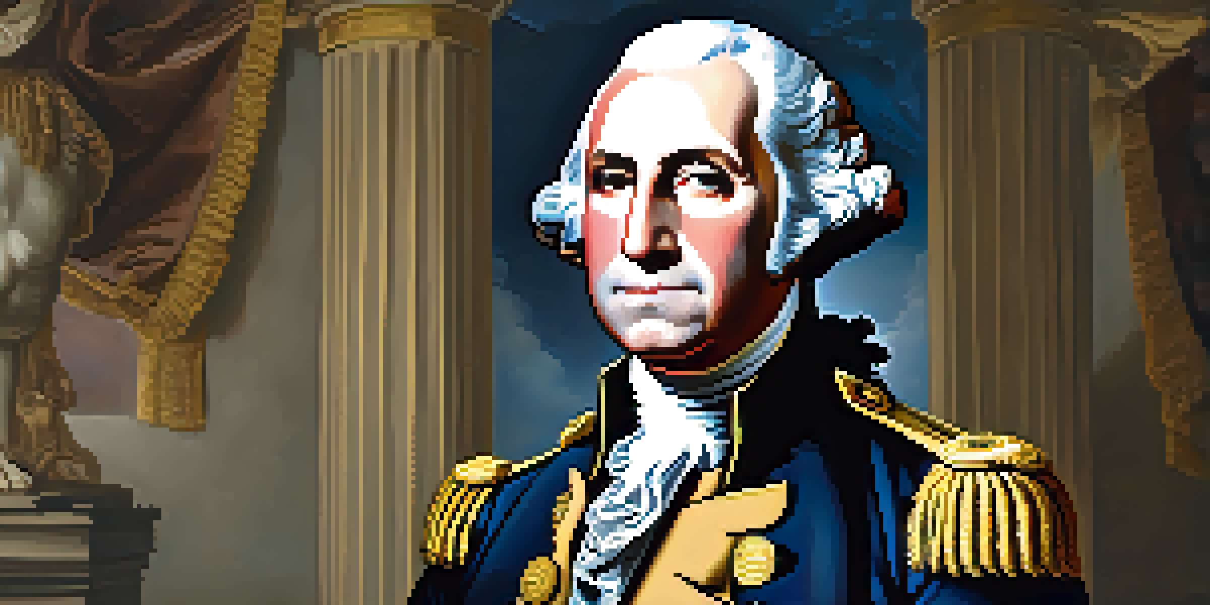 A portrait of George Washington in military uniform, looking determined against a historical backdrop of the American Revolution.