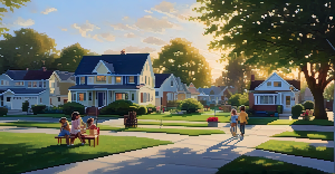 A serene suburban neighborhood during sunset with cozy homes, green lawns, and children playing outside.