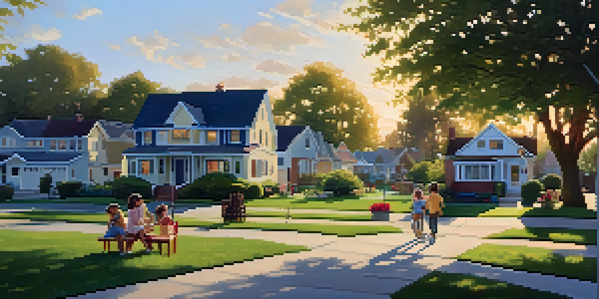 A serene suburban neighborhood during sunset with cozy homes, green lawns, and children playing outside.