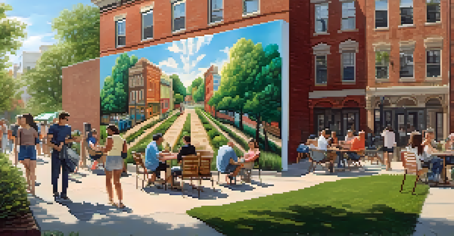 A public space with a large mural, greenery, and people enjoying the art in a revitalized neighborhood.
