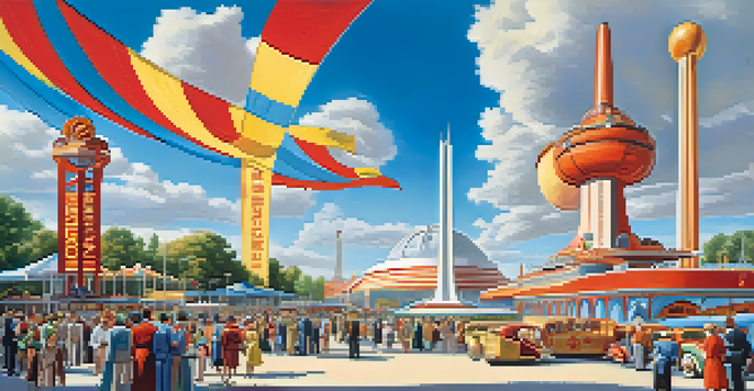 A busy scene from the 1939 World’s Fair featuring the iconic Trylon and Perisphere, with visitors in 1930s attire exploring exhibits.