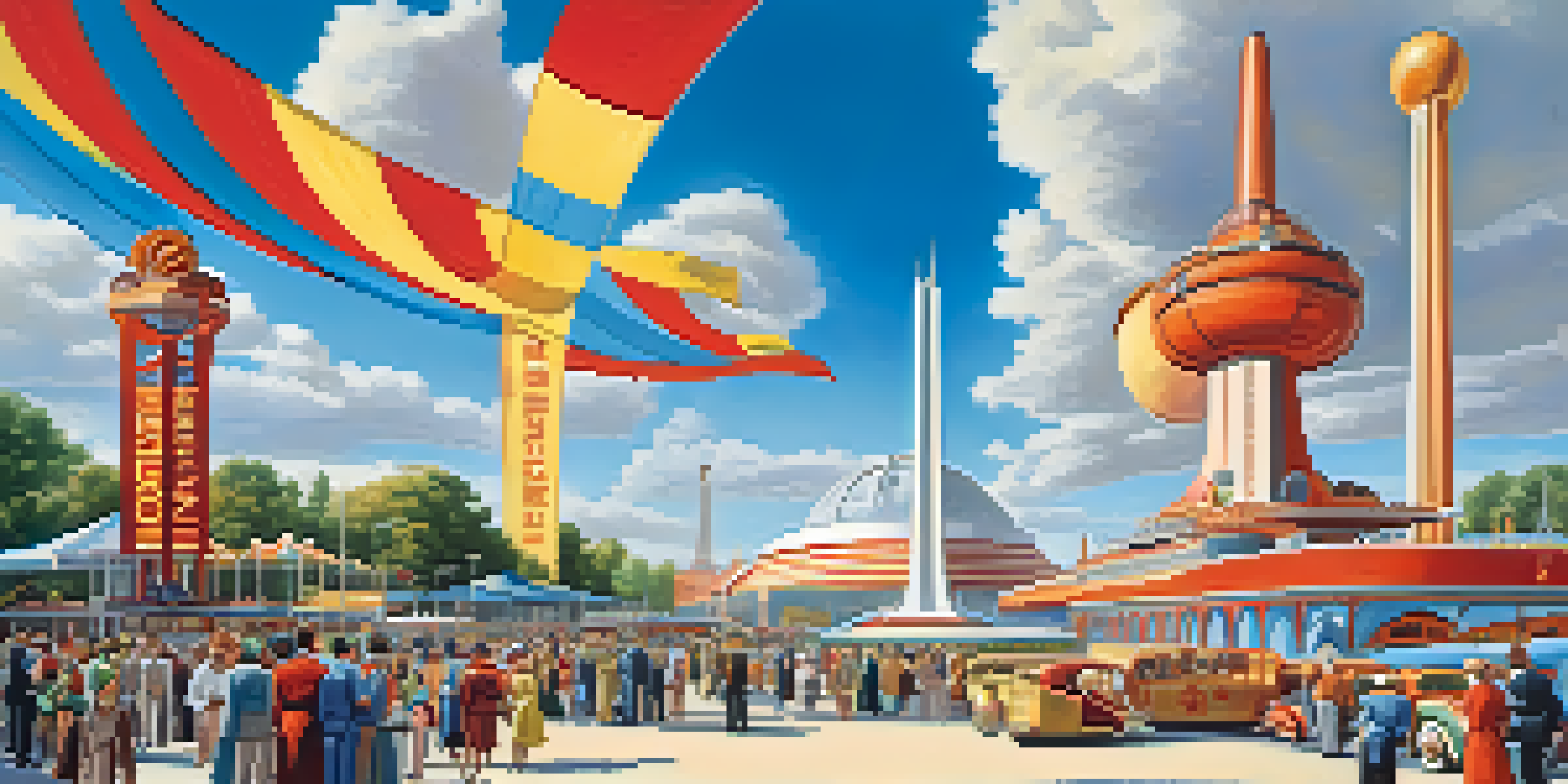 A busy scene from the 1939 World’s Fair featuring the iconic Trylon and Perisphere, with visitors in 1930s attire exploring exhibits.