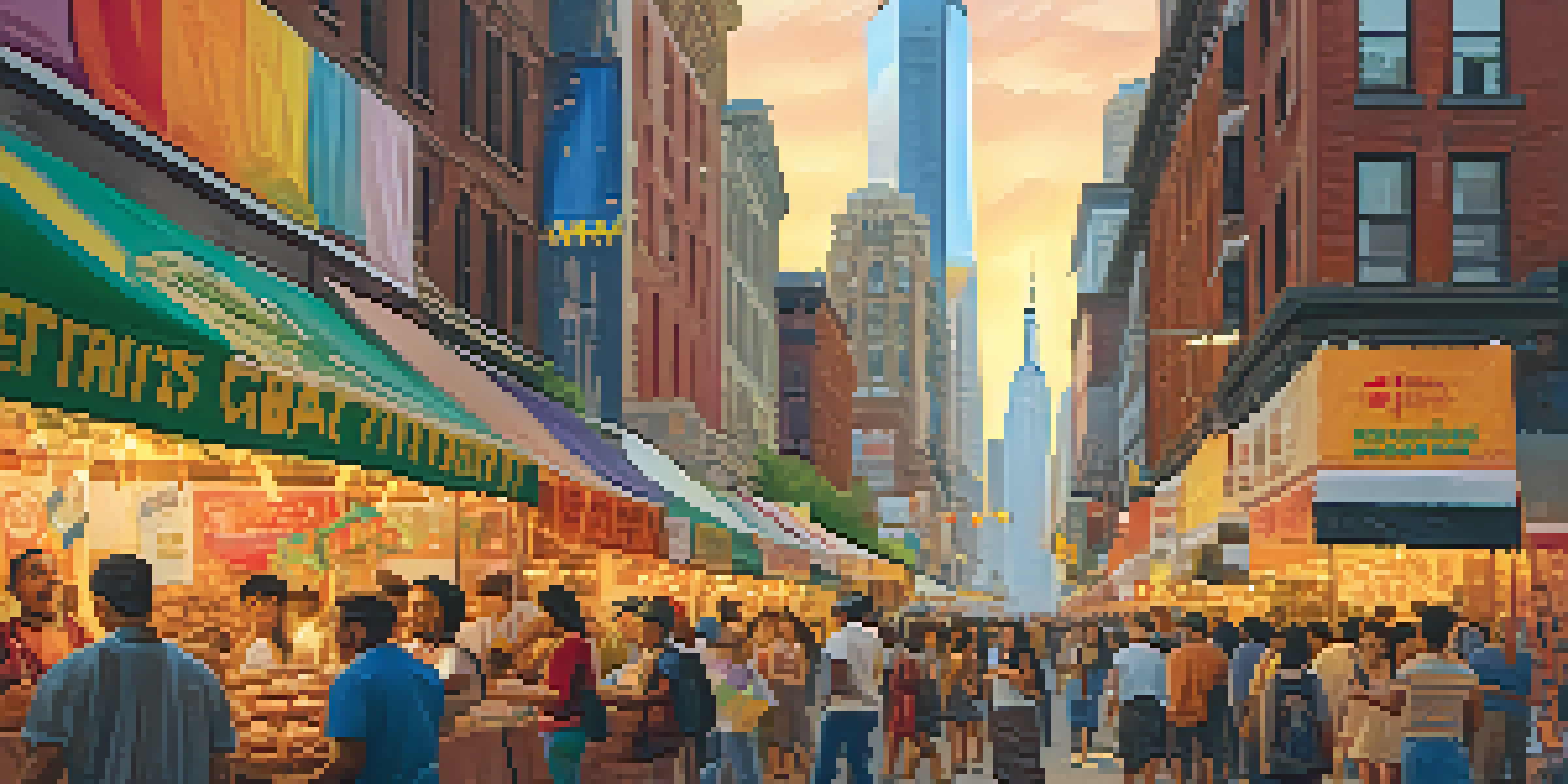 A lively outdoor cultural festival in New York City, featuring a diverse crowd and colorful banners, with food stalls and the skyline visible during sunset.
