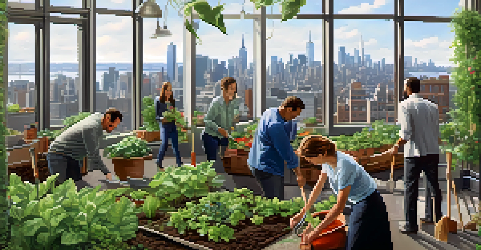 Employees in an office setting engaged in a corporate philanthropy event, working on a community garden with plants and tools, and a skyline view of New York City through the window.