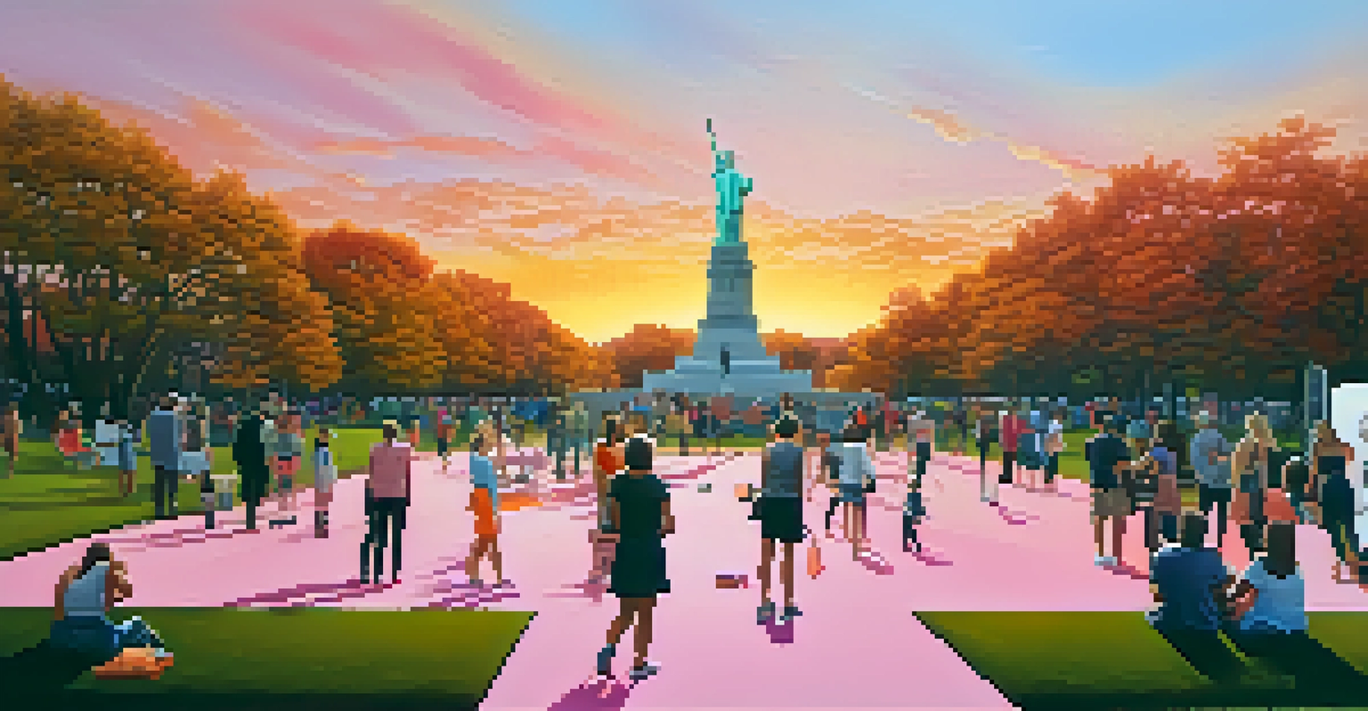 An outdoor art exhibition in a NYC park with large installations about social issues, visitors engaging with the art, and a colorful sunset.